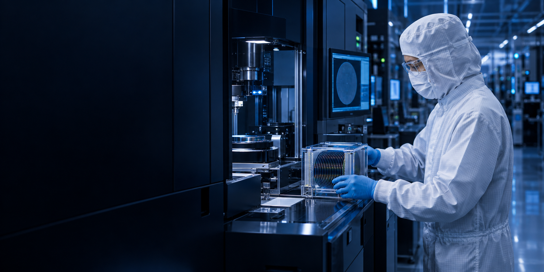 Semiconductor technician working in a controlled environment