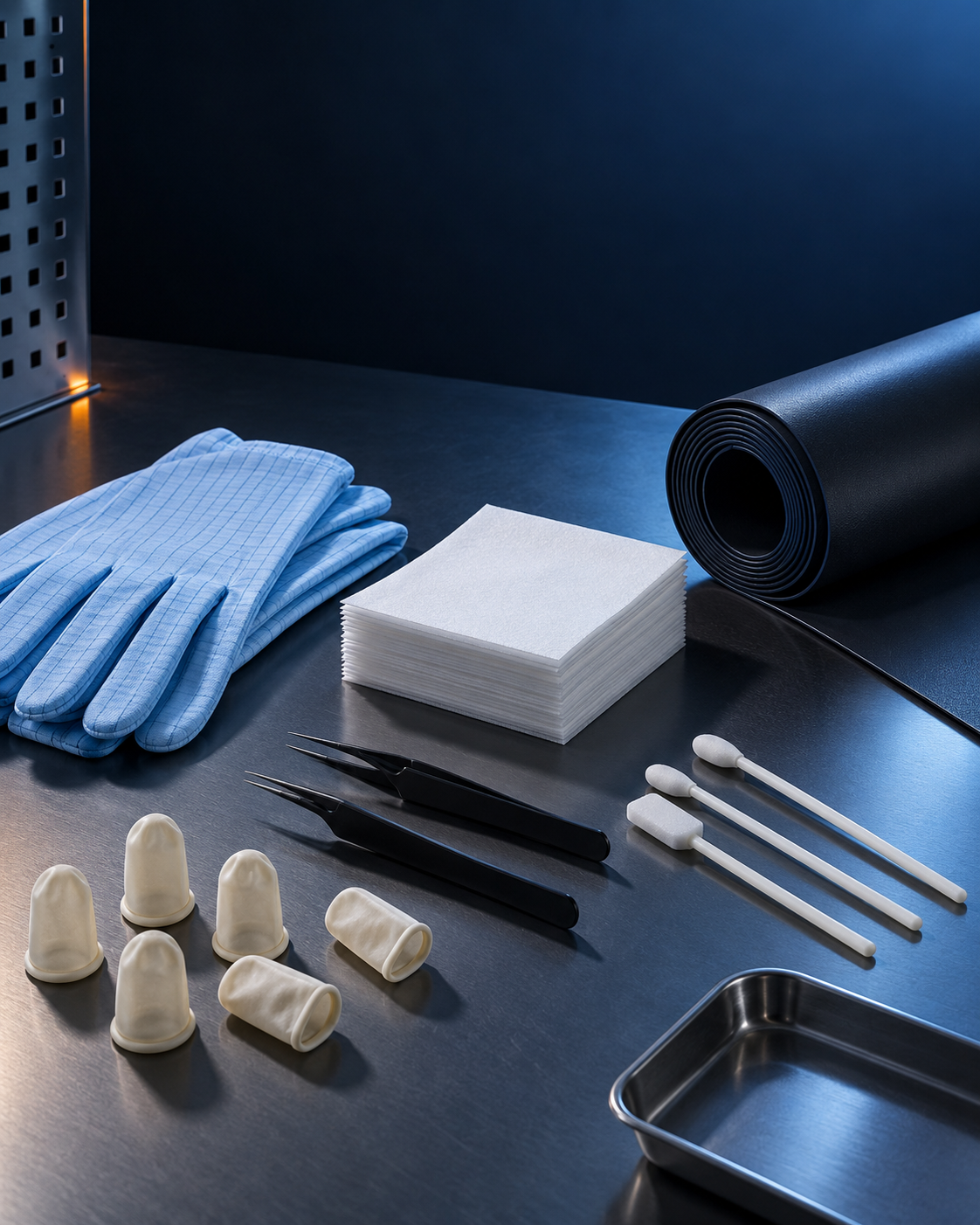 Cleanroom and ESD consumables arranged on an industrial work surface