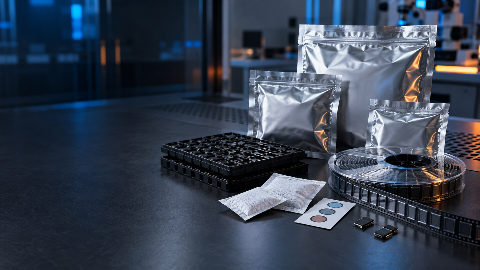 Semiconductor dry-pack materials including barrier bags, trays and carrier tape